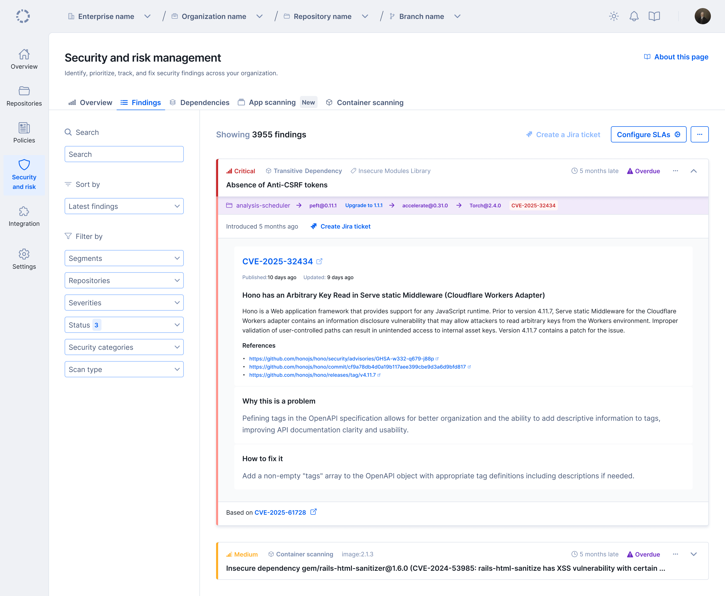 Security and risk management transitive dependency finding